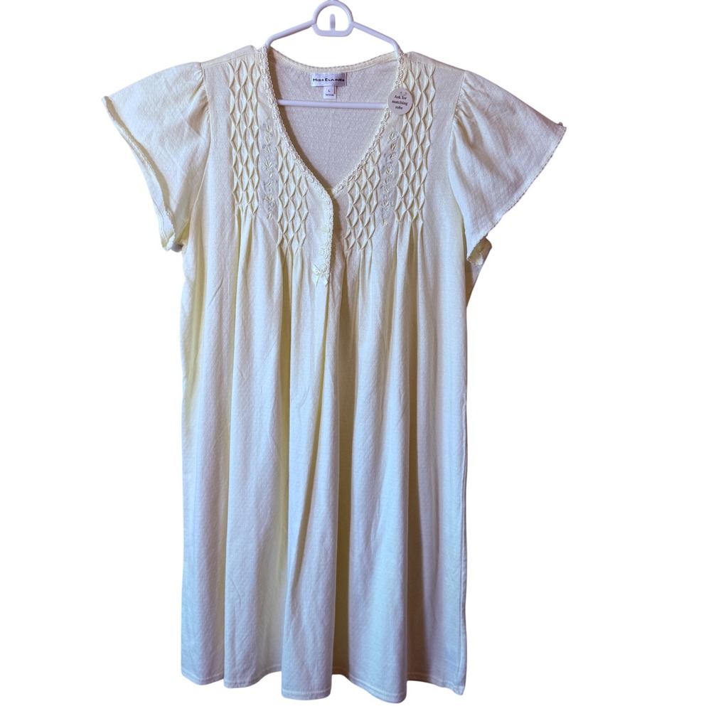Miss Elaine Yellow Pointelle Smocked Nightgown Floral Embroidery Lace Trim L